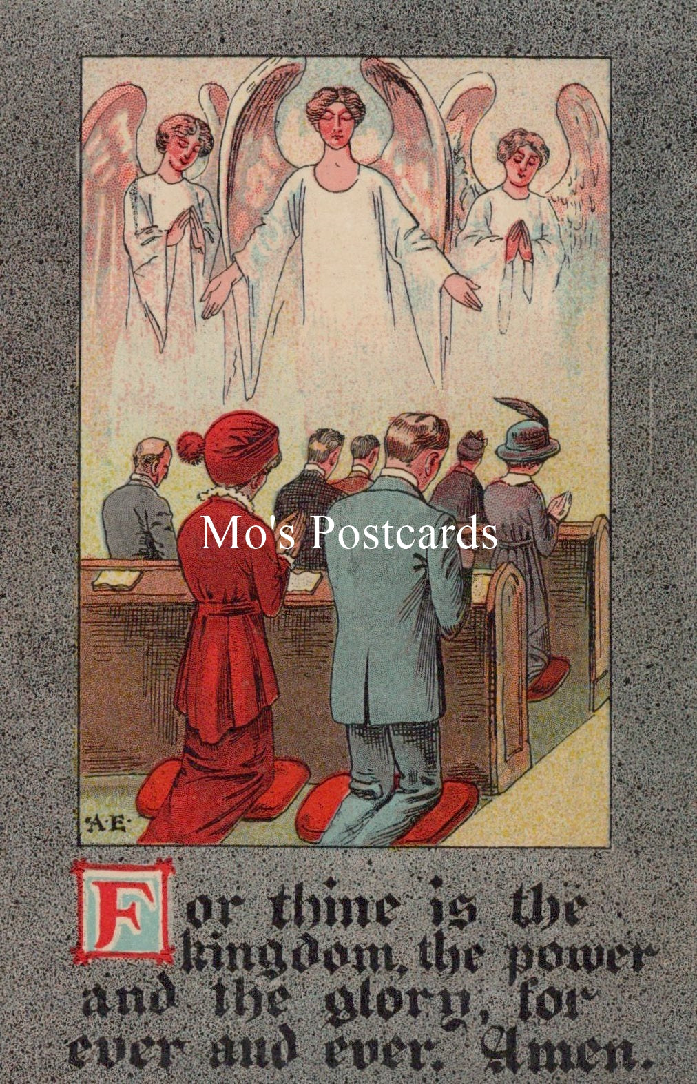 Vintage-style postcard with religious illustration of angels and people in a courtroom, featuring text.