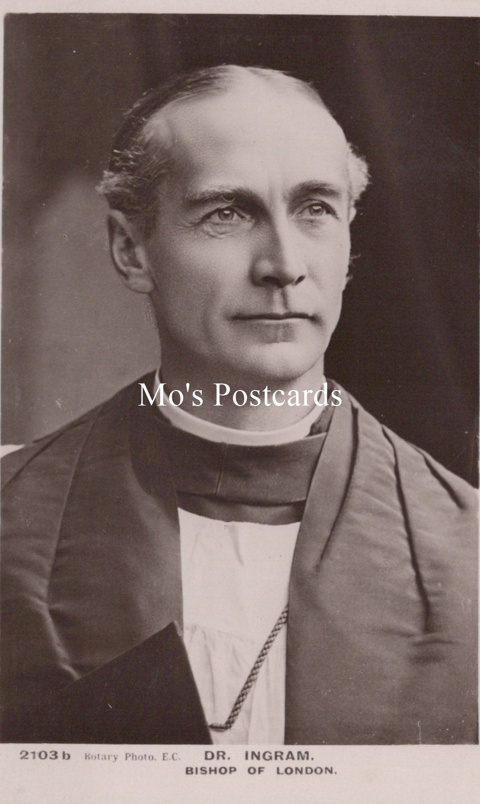 Vintage black and white photograph of a clergyman with 'Mo's Postcards' text overlay