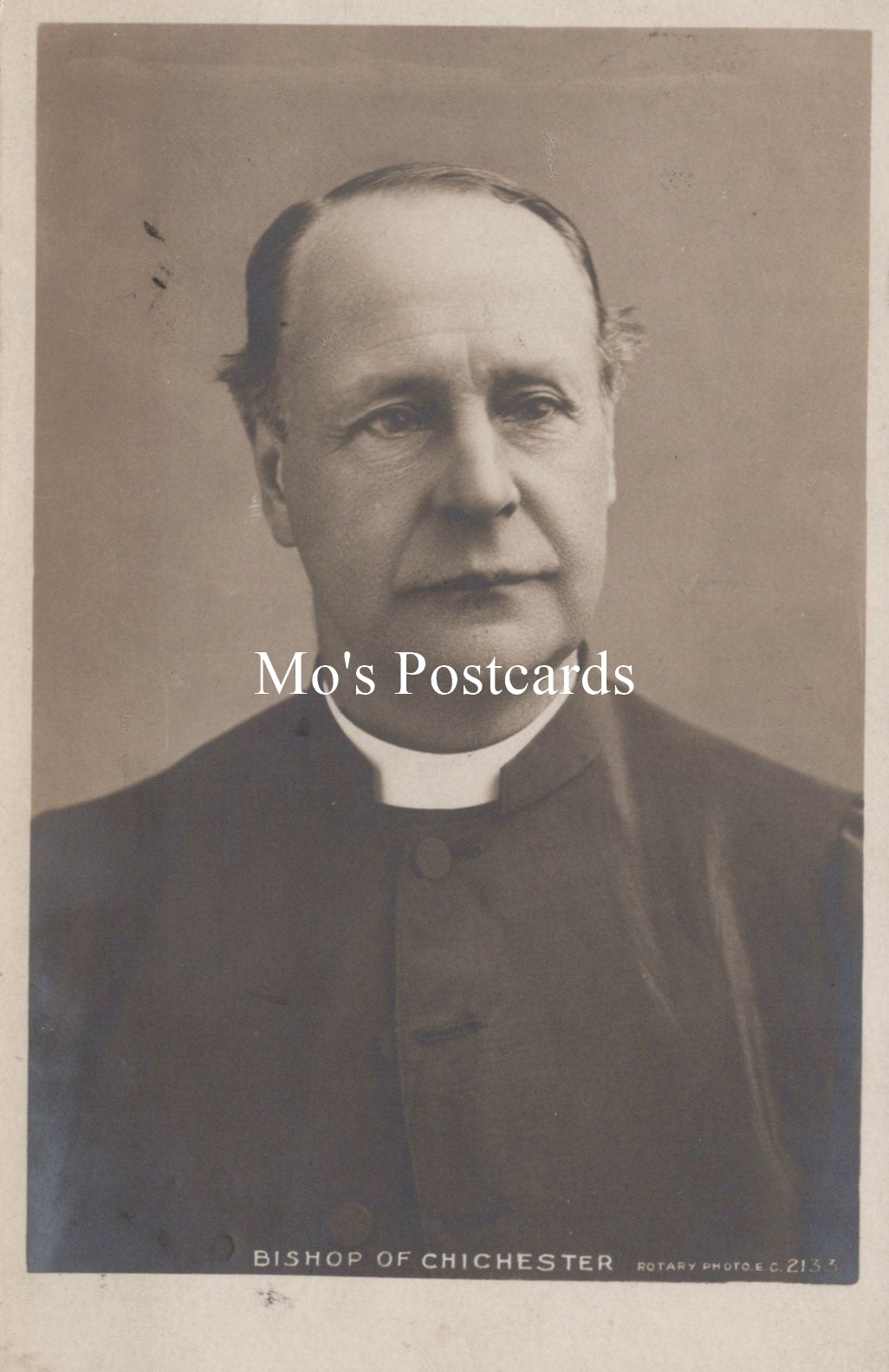 Vintage photograph of a clergyman with 'Mo's Postcards' text overlay