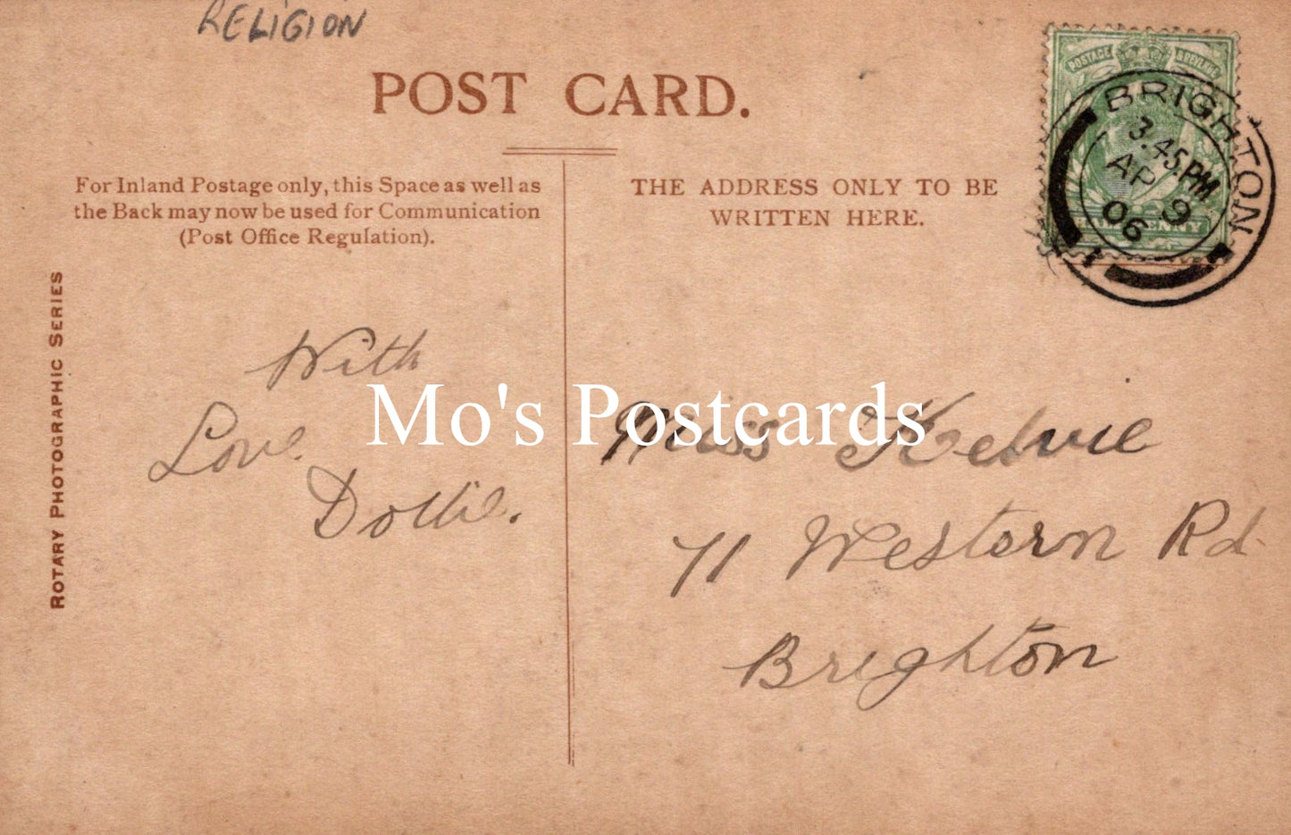 Vintage postcard with text and a stamp, featuring 'Mo's Postcards' branding.