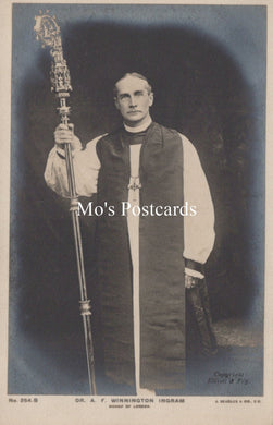 Vintage black and white photograph of a clergyman holding a staff, with 'Mo's Postcards' branding.
