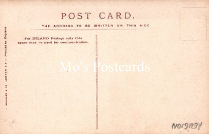 Vintage postcard back with text and Mo's Postcards branding