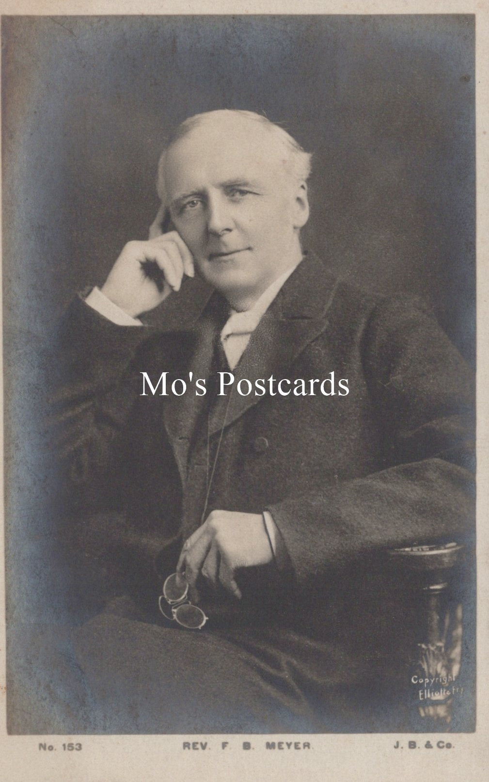 Vintage black and white portrait of a man with 'Mo's Postcards' text overlay