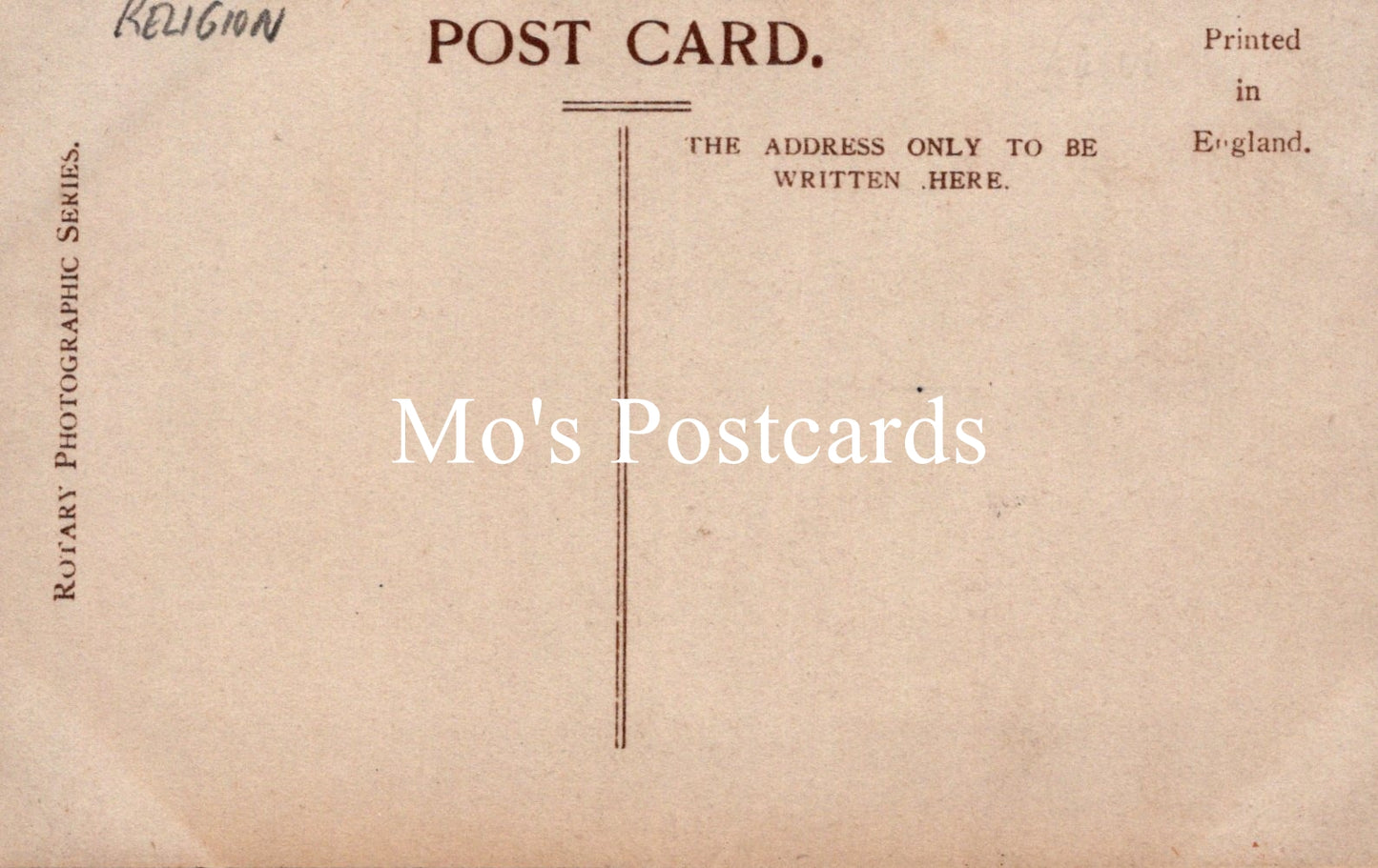 Vintage-style postcard with 'Mo's Postcards' text on a brown background