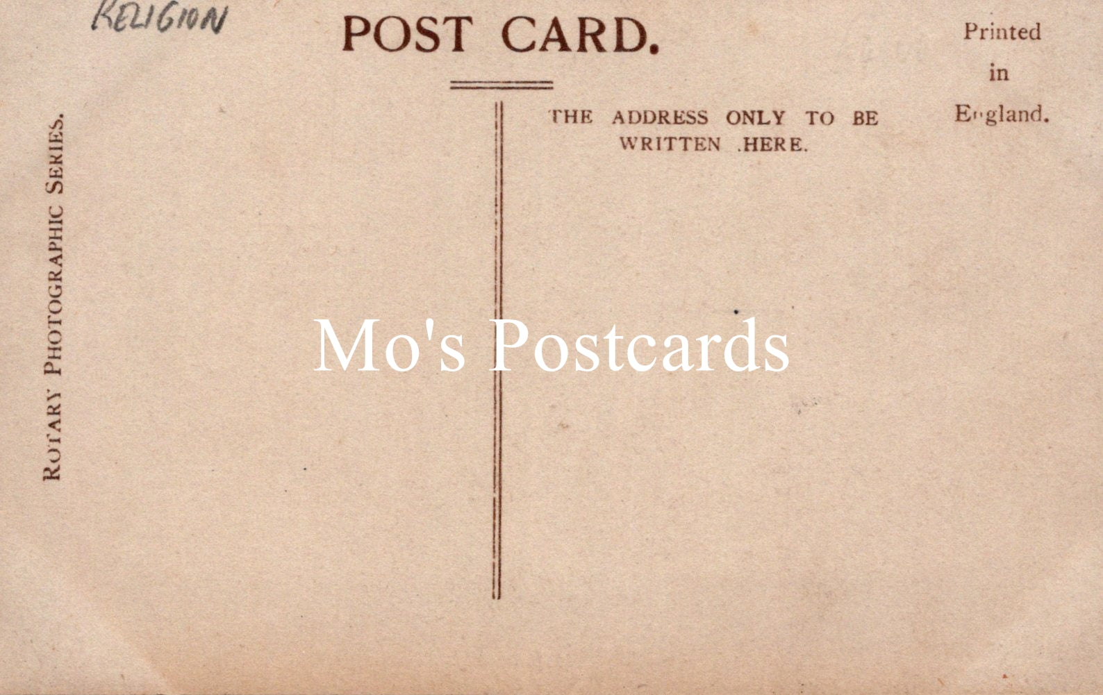 Vintage-style postcard with 'Mo's Postcards' text on a brown background