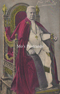 Vintage-style postcard with a person in formal attire on an ornate throne, featuring 'Mo's Postcards' branding.