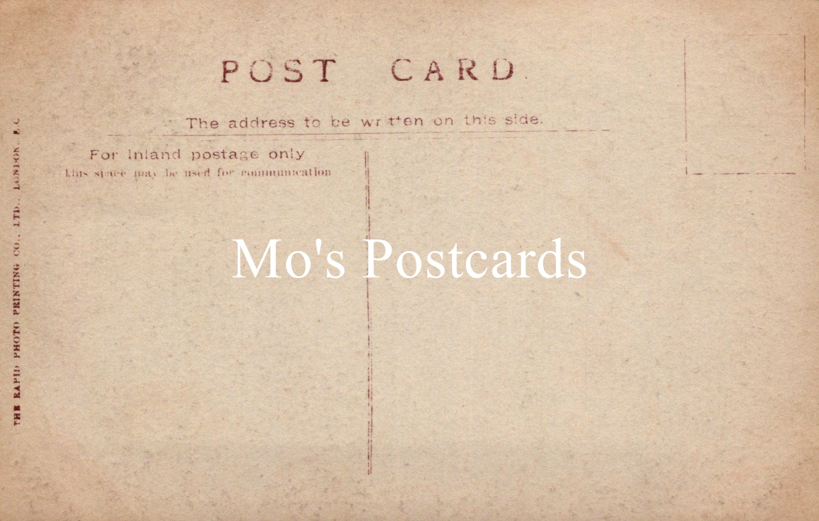 Vintage-style postcard with 'Mo's Postcards' text on a brown background