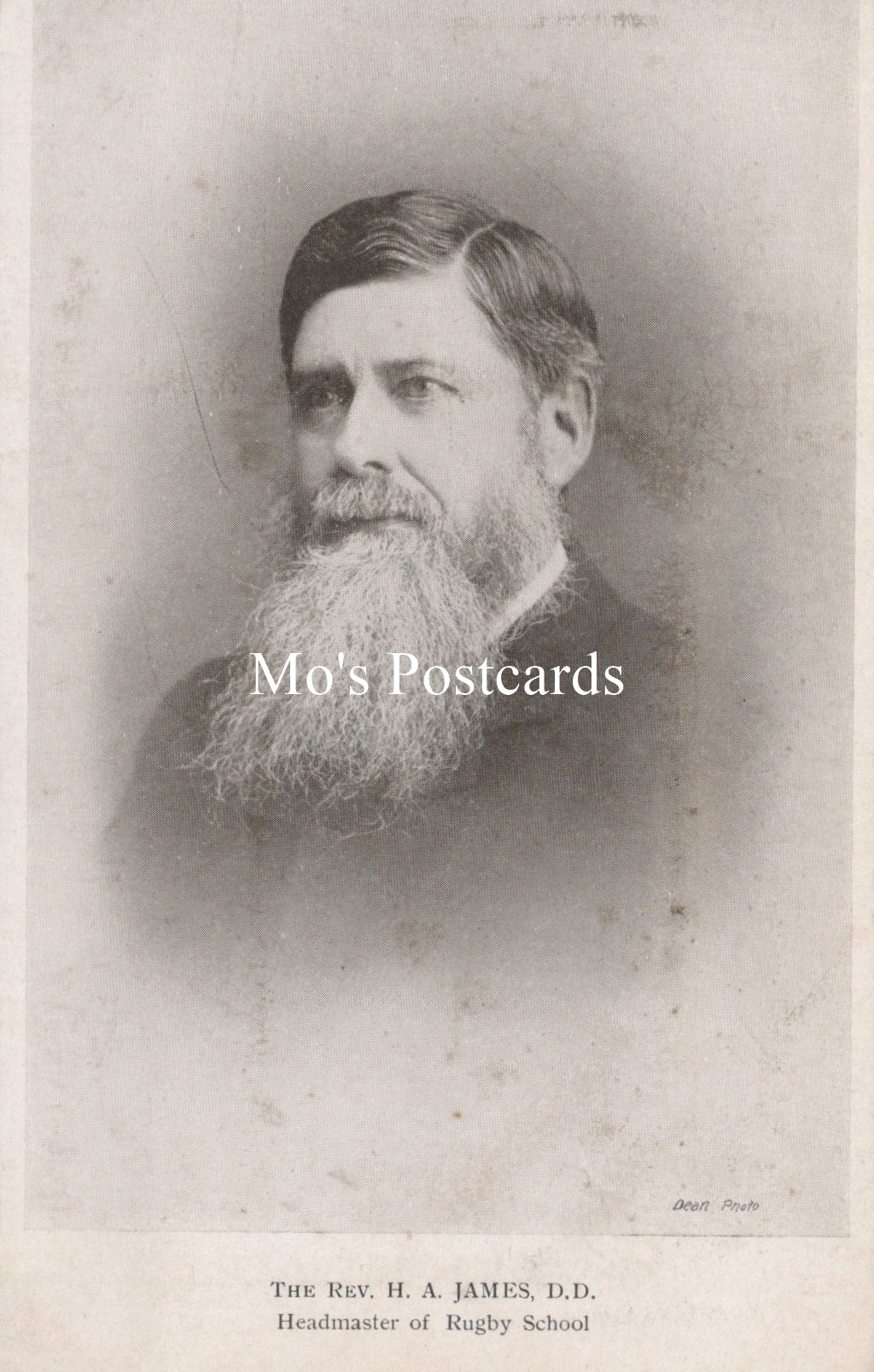 Vintage black and white portrait of a man with 'Mo's Postcards' branding.