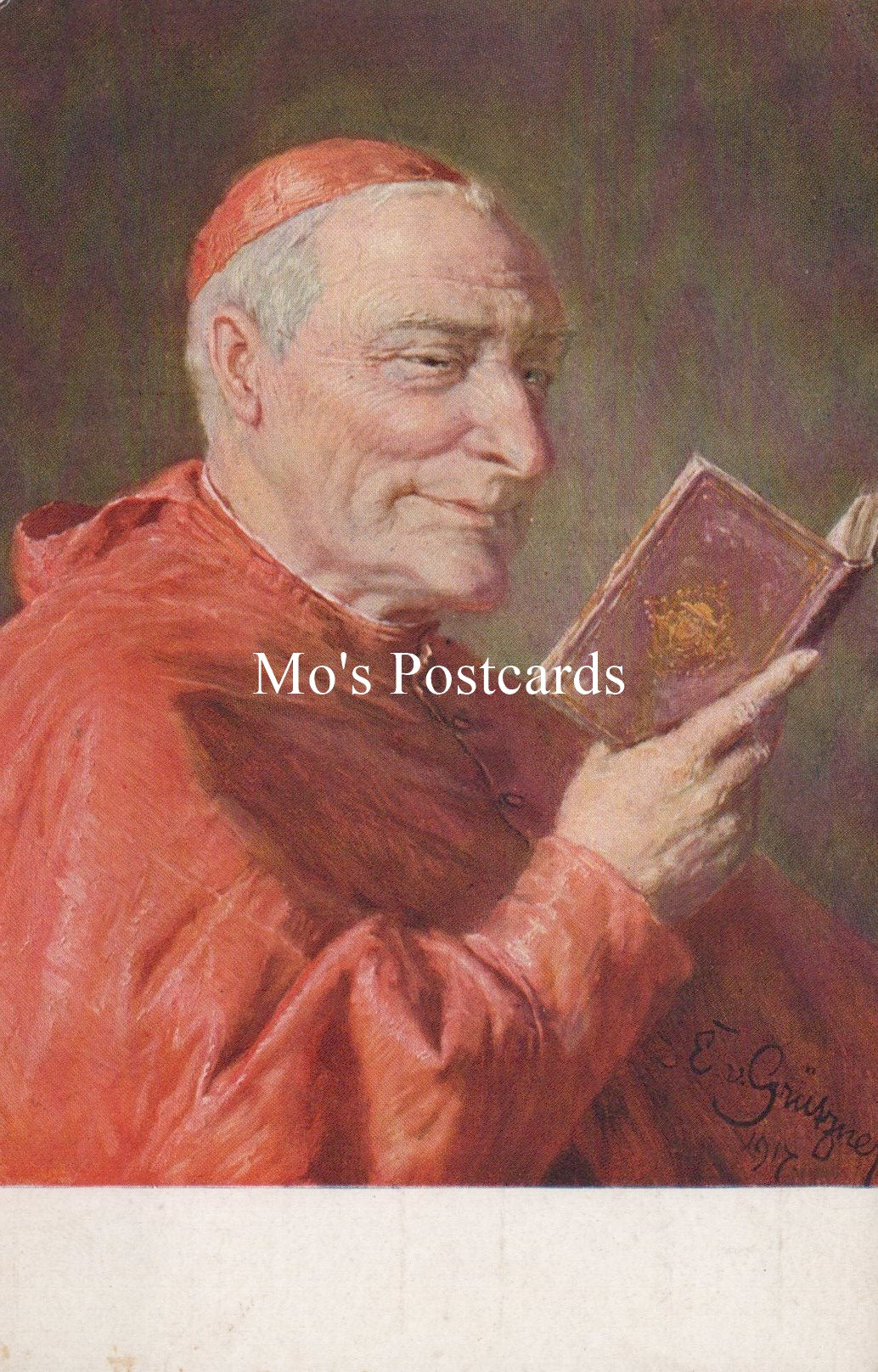 Cardinal in red robe reading a book, with 'Mo's Postcards' text overlay.