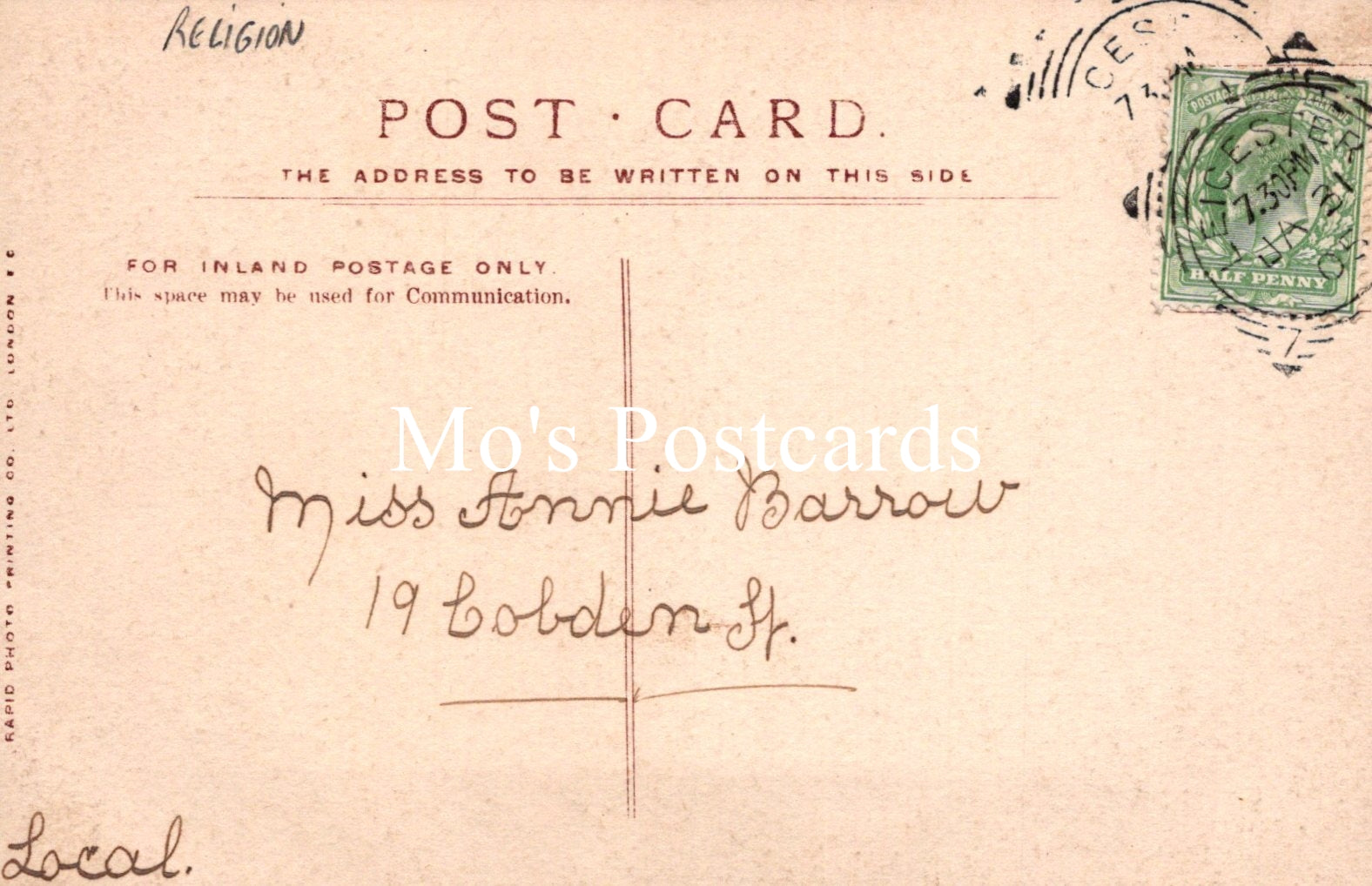 Vintage postcard with text and a stamp, featuring the brand 'Mo's Postcards'.
