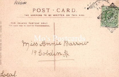 Vintage postcard with text and a stamp, featuring the brand 'Mo's Postcards'.