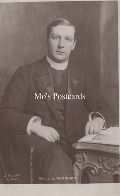 Vintage black and white photograph of a man in formal attire with 'Mo's Postcards' text overlay.