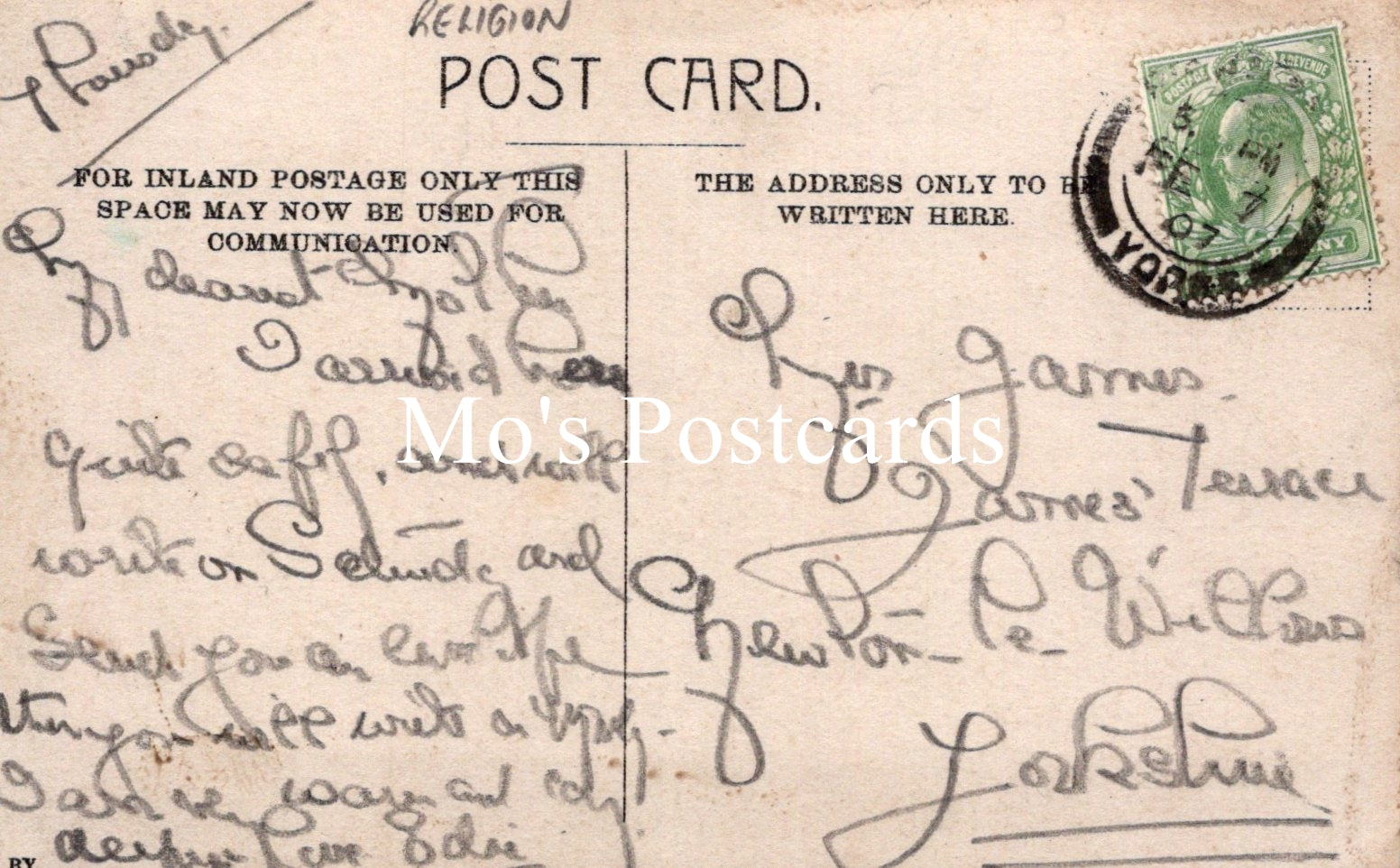Vintage postcard with handwritten text and a stamp, featuring the brand 'Mo's Postcards'.