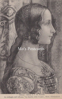 Vintage-style portrait of a woman with decorative clothing and intricate background, featuring 'Mo's Postcards' branding.
