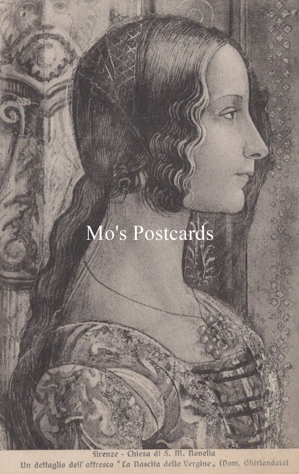 Vintage-style portrait of a woman with decorative clothing and intricate background, featuring 'Mo's Postcards' branding.