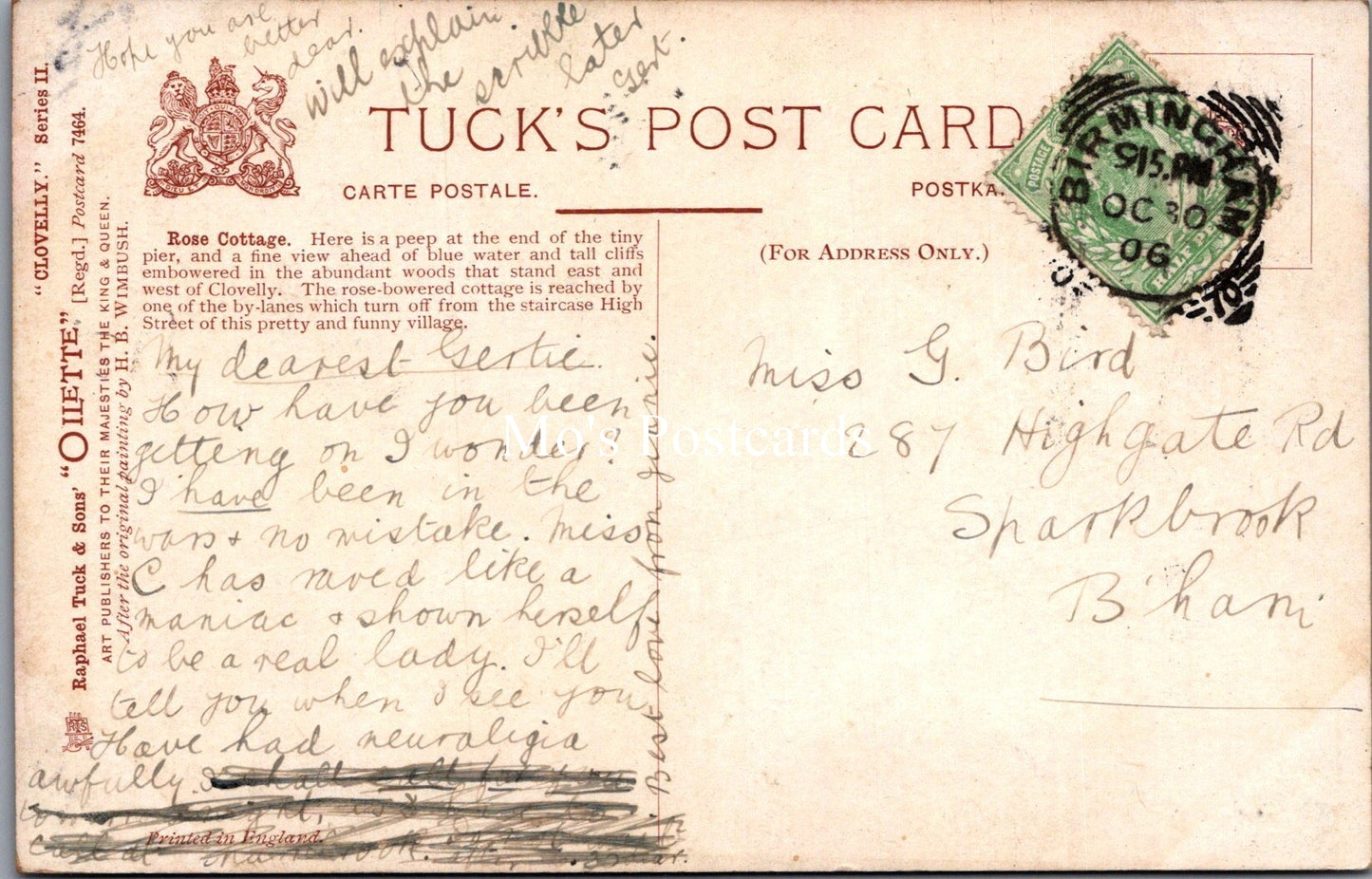 Devon Postcard - Rose Cottage, Clovelly. Artist H.B.Wimbush  SX9