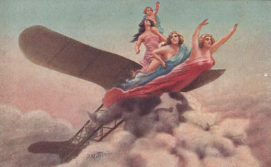 Artistic depiction of a plane with three women in flowing dresses soaring above clouds