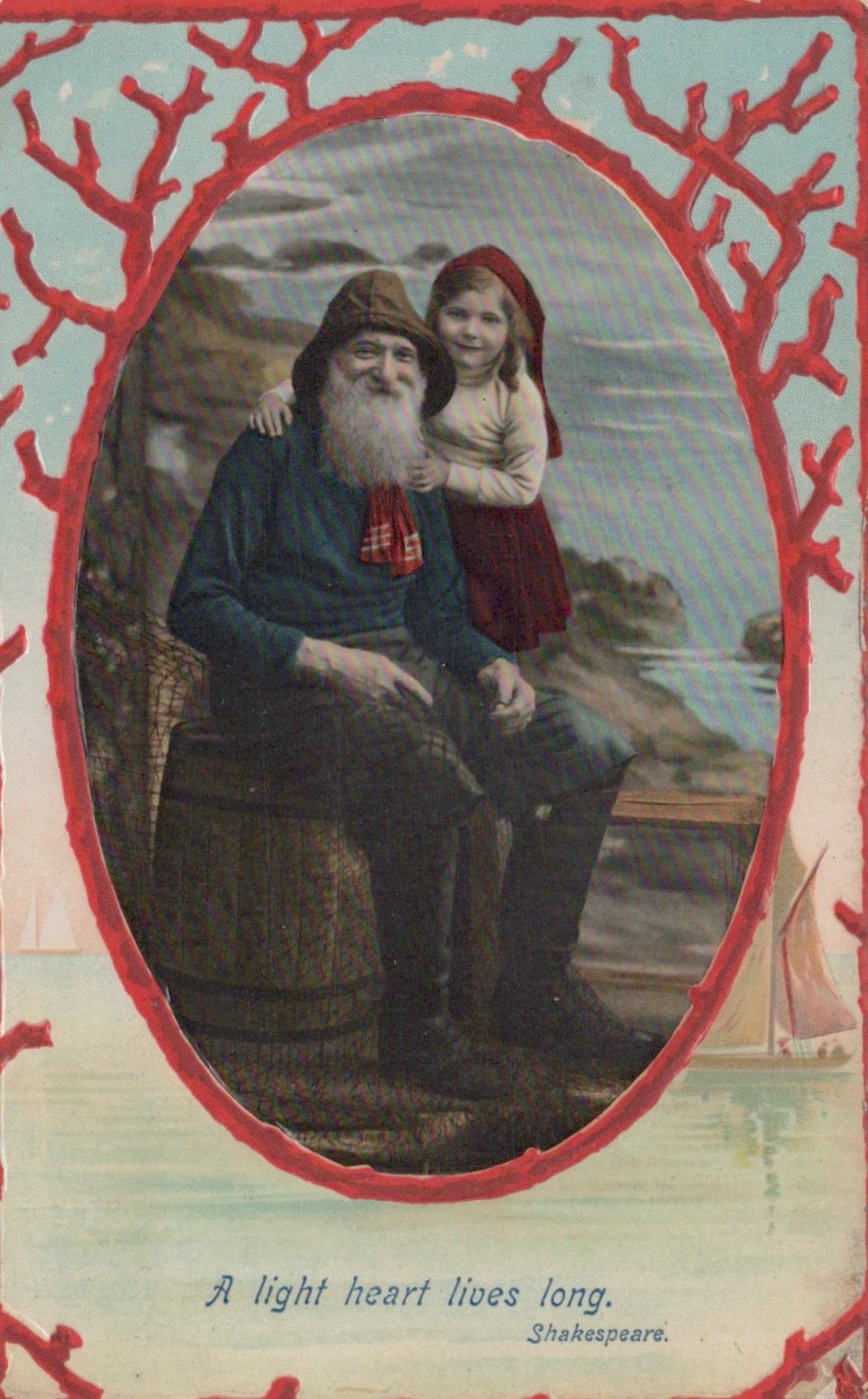 Vintage-style illustration of a man and a child by a body of water with a decorative red frame.