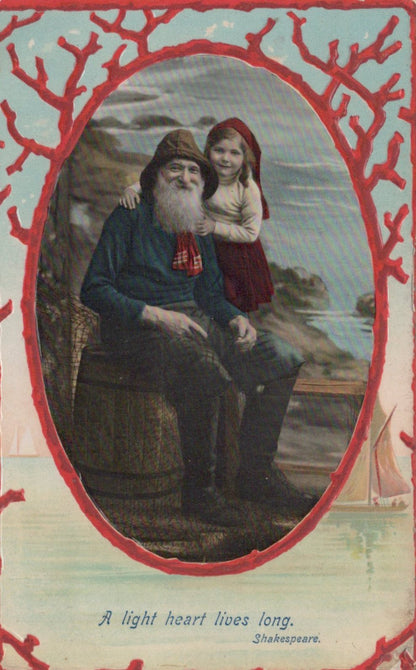 Vintage-style illustration of a man and a child by a body of water with a decorative red frame.