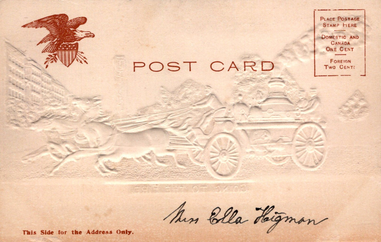 Vintage postcard with embossed design of an eagle and a carriage, featuring the text 'POST CARD'.