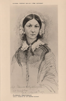 Black and white portrait of a woman with a decorative headband, likely Florence Nightingale, from a pencil drawing by George Schant.