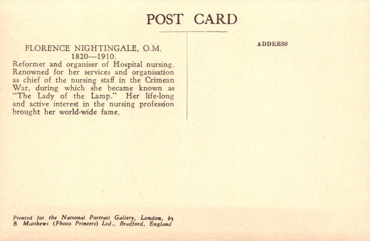 Vintage postcard about Florence Nightingale with text on a yellowed background