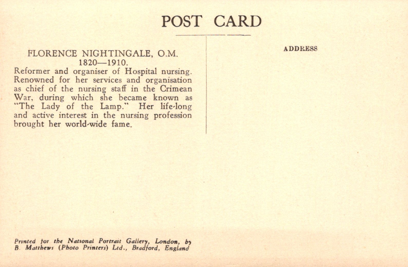 Vintage postcard about Florence Nightingale with text on a yellowed background