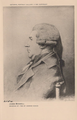 Portrait of James Boswell by George Dance, with a beige border and text at the top.
