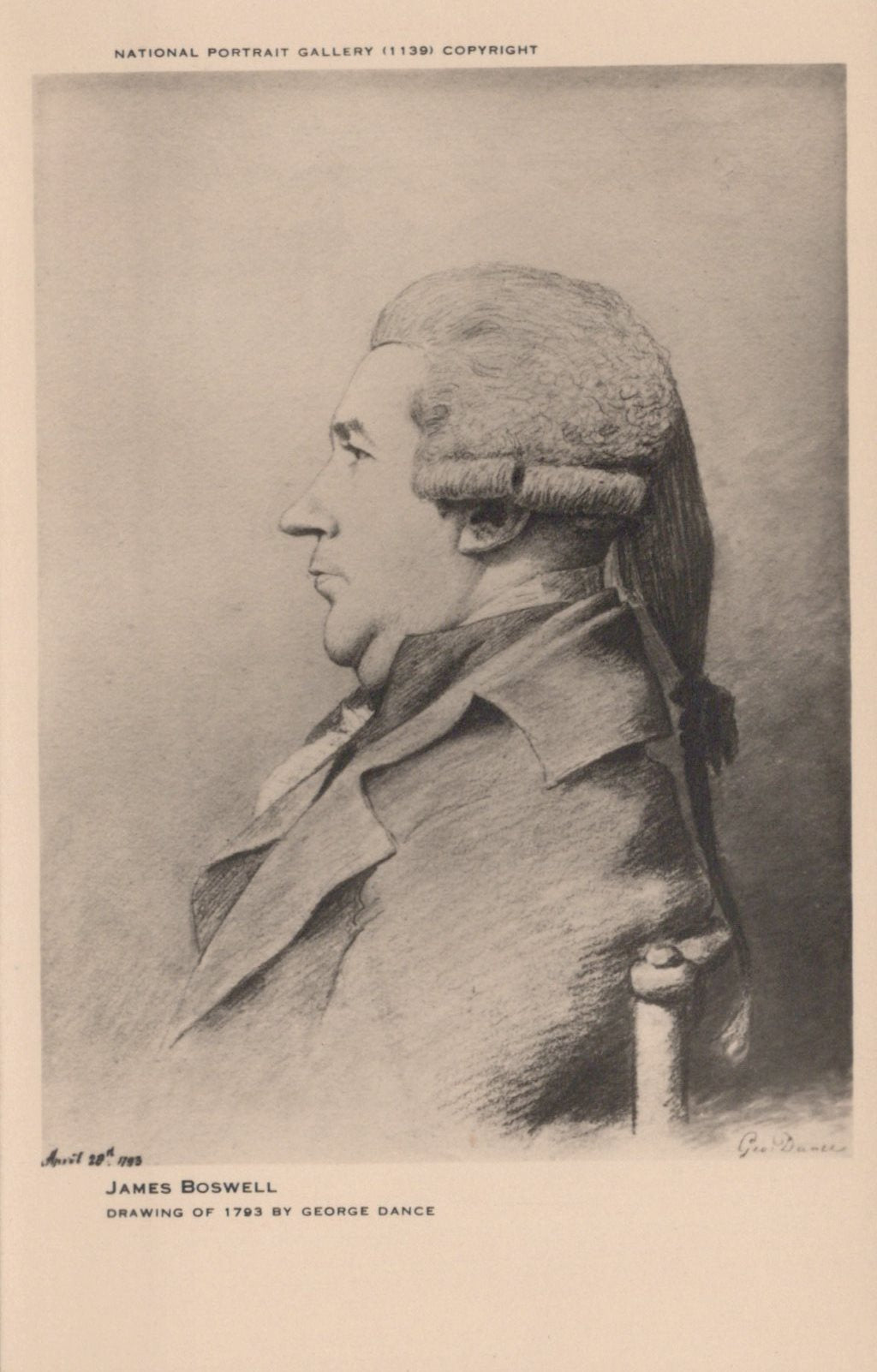 Portrait of James Boswell by George Dance, with a beige border and text at the top.