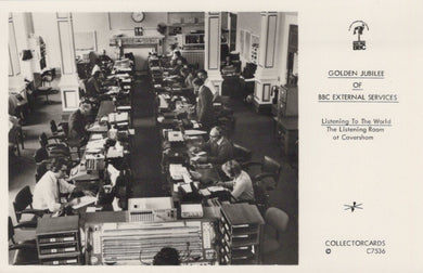 Vintage black and white photo of a busy office with people at desks, labeled 'Golden Jubilee of BBC External Services'.