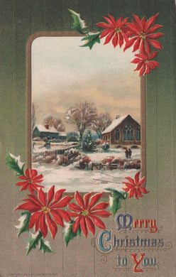 Vintage-style Christmas card with snowy village scene and poinsettias