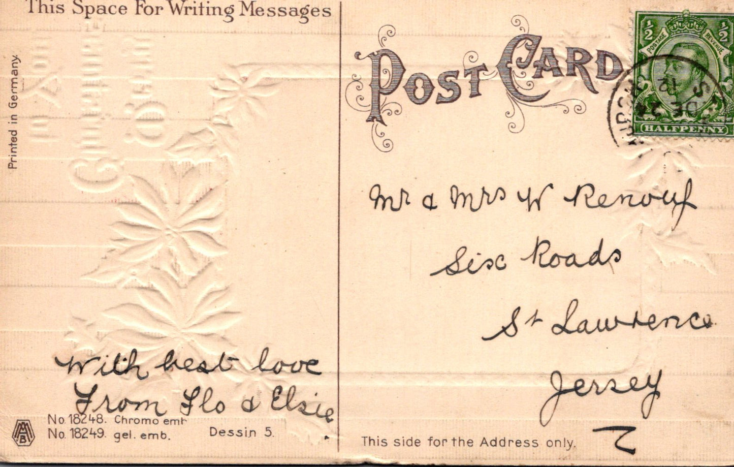 Vintage postcard with writing and a stamp on the back