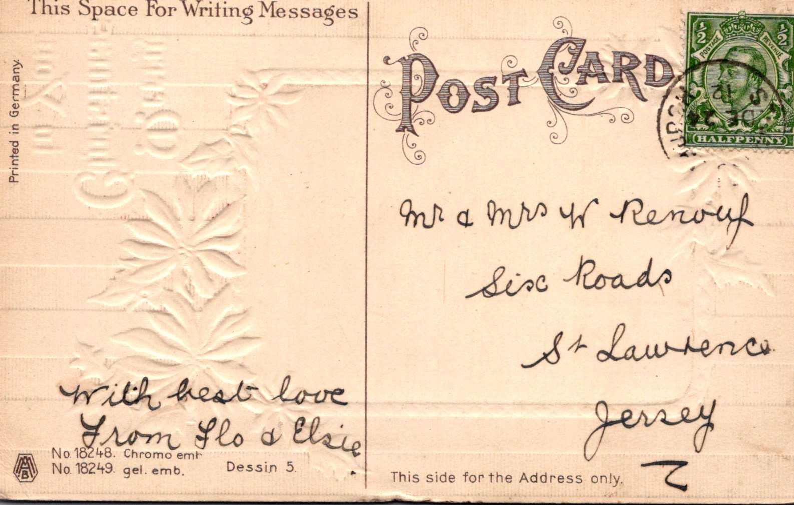Vintage postcard with writing and a stamp on the back