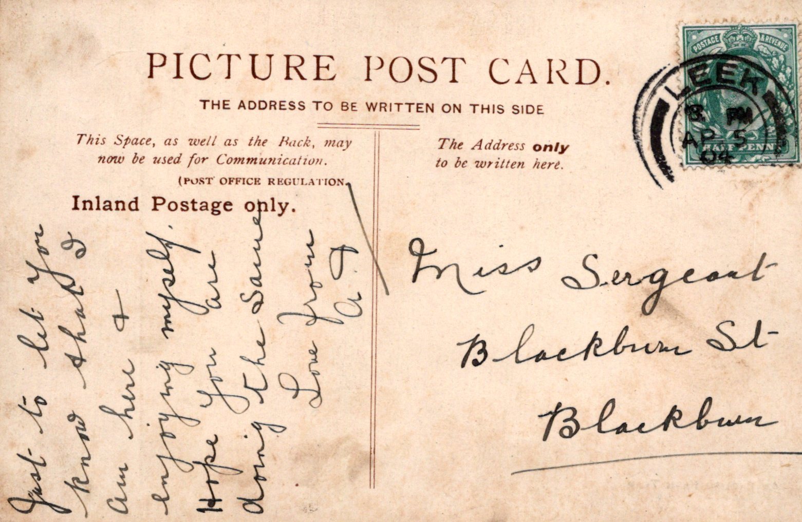 Vintage postcard with handwritten text and a stamp, featuring 'Inland Postage only' and 'Picture Post Card' text.