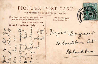 Vintage postcard with handwritten text and a stamp, featuring 'Inland Postage only' and 'Picture Post Card' text.