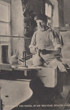 Load image into Gallery viewer, Black and white photograph of a potter at work in his studio, with text indicating he is making vases.

