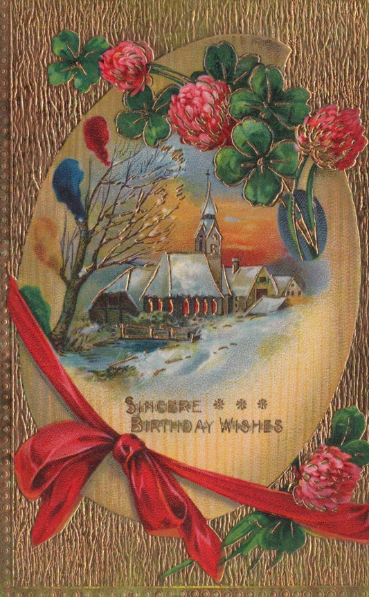 Vintage-style birthday card with a church, flowers, and a red ribbon on a textured background.