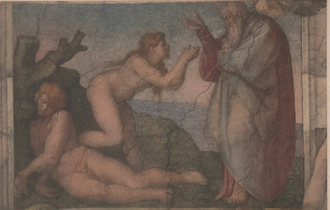 Fresco of a classical scene with three figures, two nude and one draped, against a landscape.
