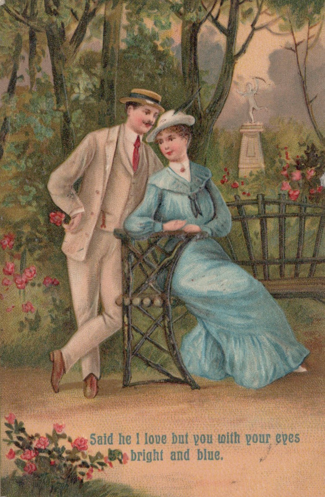 Vintage-style illustration of a couple in a garden with romantic text.
