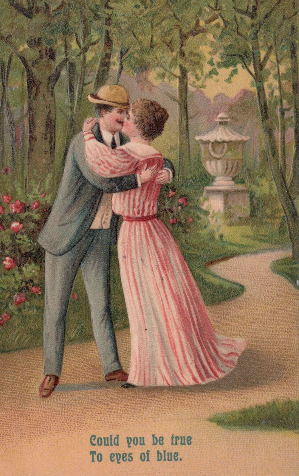Vintage-style illustration of a couple embracing in a garden with text at the bottom.