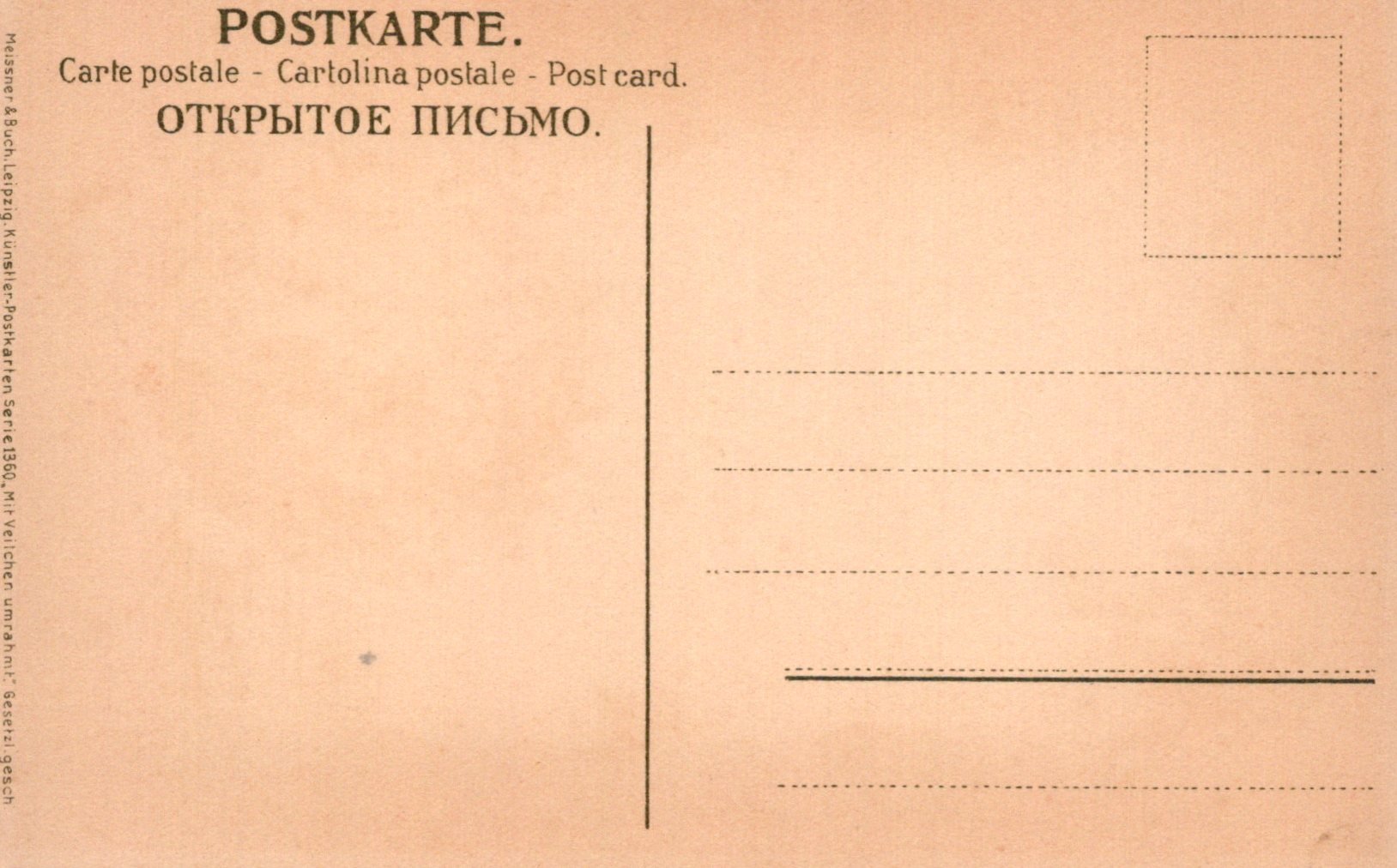 Vintage postcard with text in multiple languages on a beige background