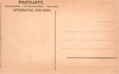 Vintage postcard with text in multiple languages on a beige background