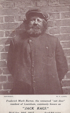 Black and white photograph of a man named Jack Rags against a brick wall, with text at the bottom.