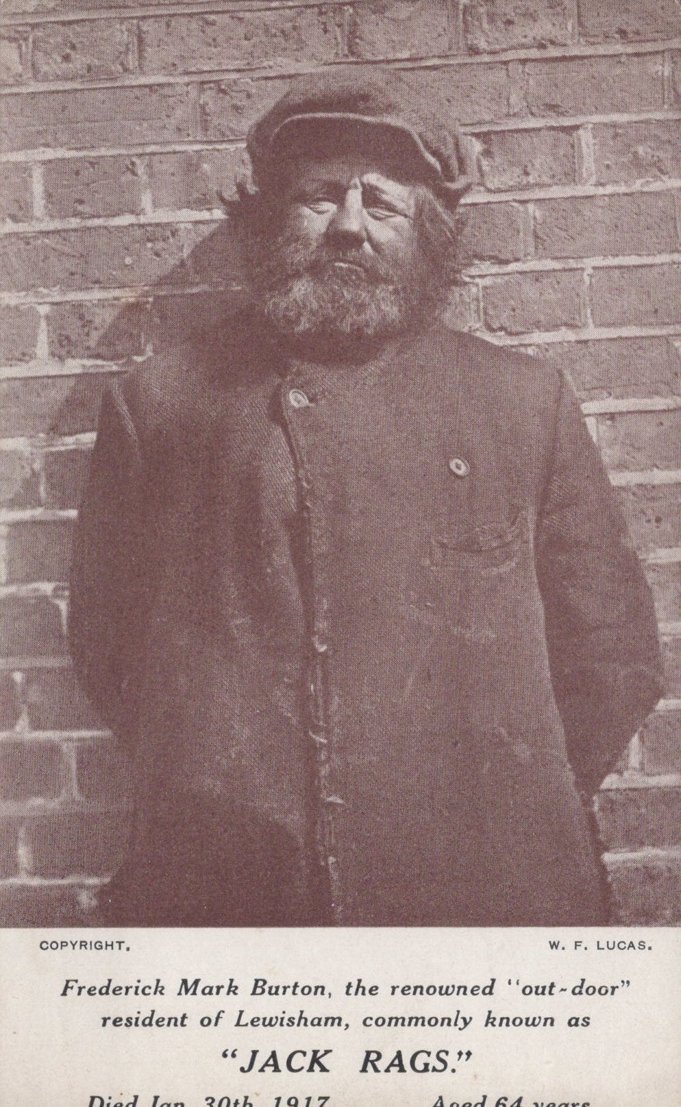 Black and white photograph of a man named Jack Rags against a brick wall, with text at the bottom.
