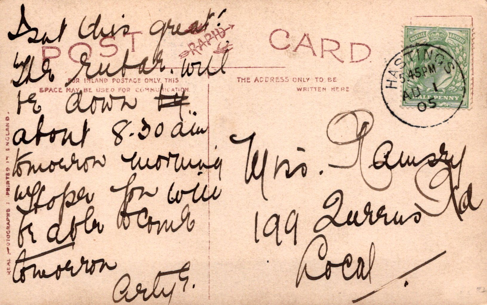 Vintage postcard with handwritten text and a stamp, featuring a brown background.