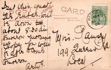 Load image into Gallery viewer, Vintage postcard with handwritten text and a stamp, featuring a brown background.
