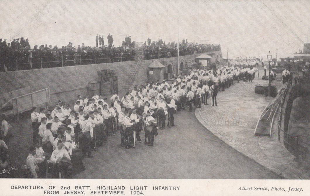 Vintage photograph of a military departure scene with people on a ship, likely from Jersey in 1904.
