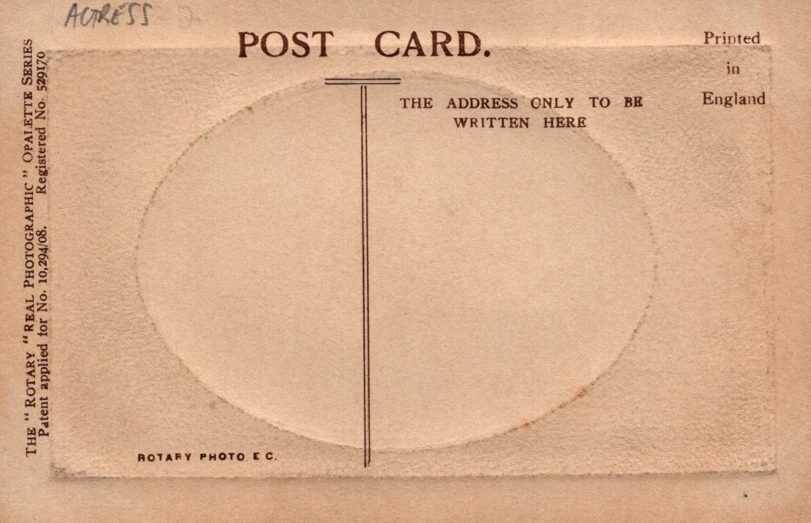 Vintage postcard with a large oval for writing the address, printed in England.