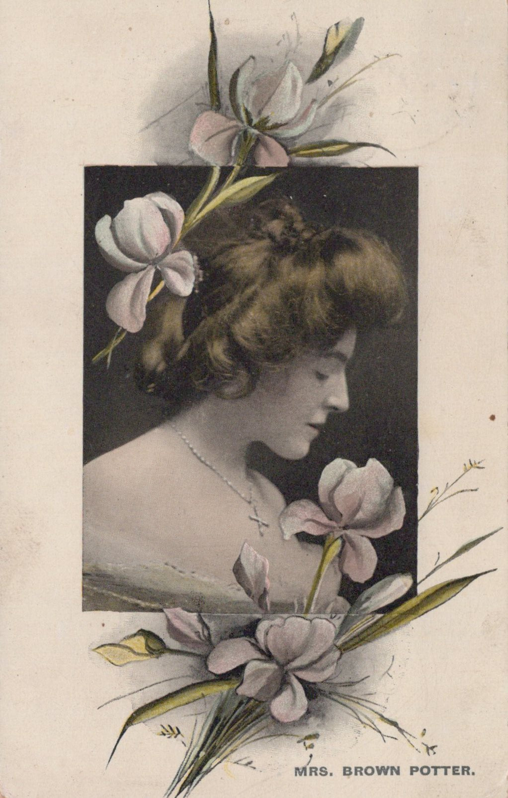 Vintage-style portrait of a woman with decorative flowers on a beige background