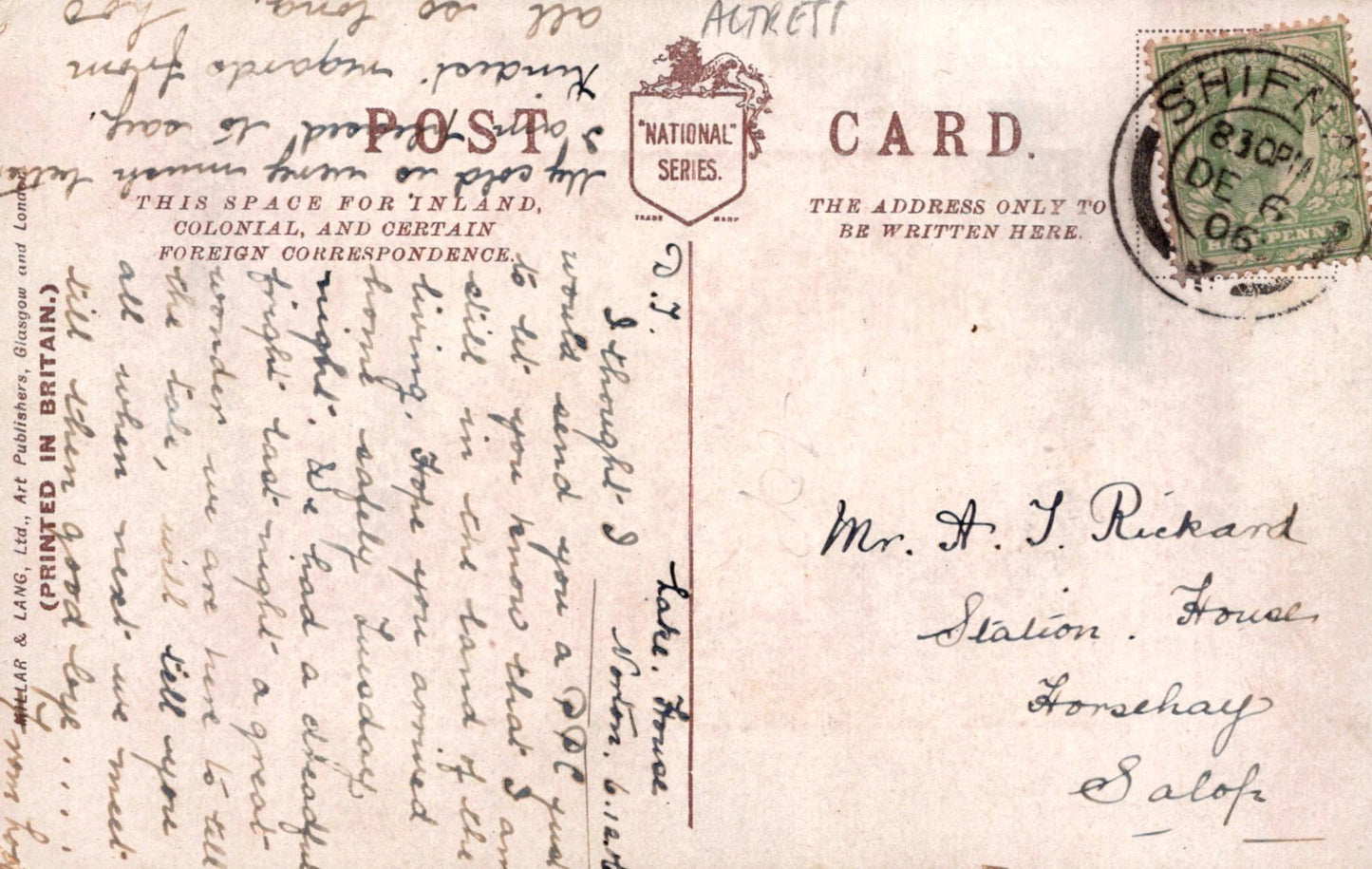 Vintage postcard with text and a stamp, featuring the National Series branding.